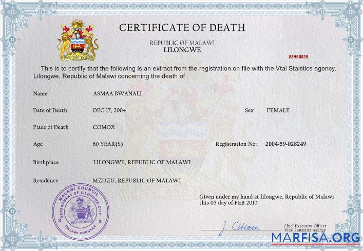 Blank Malawi death certificate download for verification